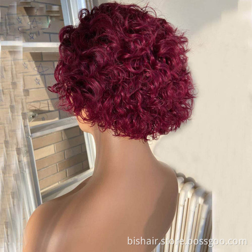 Wholesale Short Pixie Cut Curly Brazilian Human Hair Bob Wig 99j Red Burgundy Colored Transparent 13X4 Lace Frontal Wig